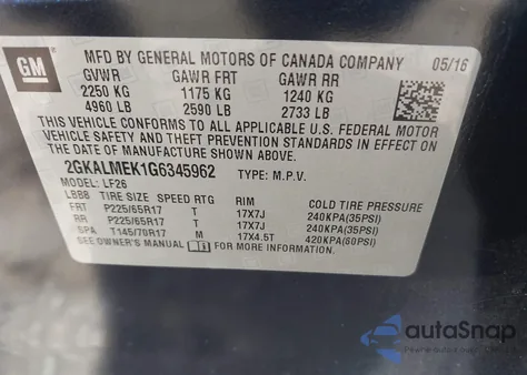 2016 GMC Terrain Sle-1 из США, поврежденный, VIN 2GKALMEK1G6345962